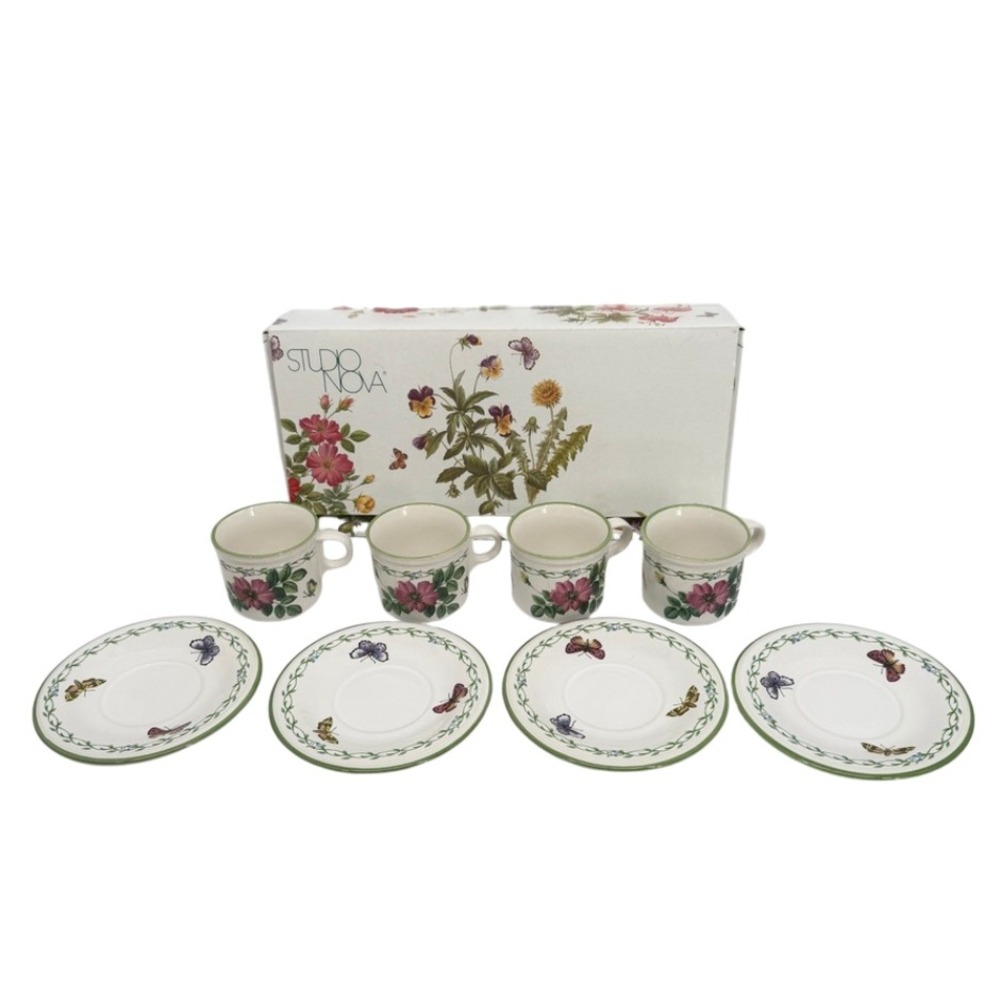 Studio Nova Garden Bloom Espresso Cup Saucer Set Butterfly Floral 8 Piece NEW